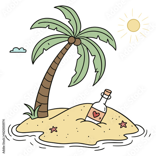 Deserted island with a palm tree and a message in a bottle