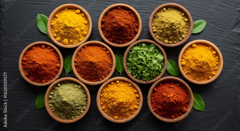 Aromatic Spices and Herbs in Wooden Bowls on Dark Background, Top View, Culinary Photography Aromatic Spices and Herbs in Wooden Bowls on Dark Background, Top View, Culinary Photography