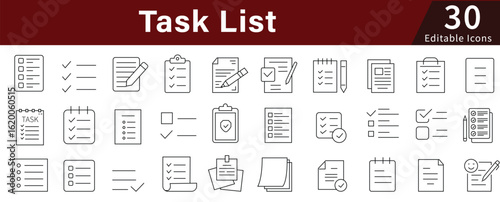 Task List Line Icons Set with Editable Stroke for Organization, Planning, Productivity, and Work Management