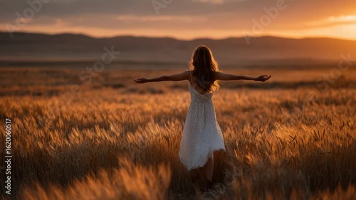 A woman in a flowing white dress stands with arms outstretched in a golden wheat field during sunset, mountains in distance