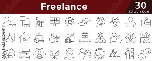 Freelance Line Icons Set with Editable Stroke for Remote, Work, Business, and Independent Professional