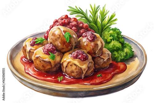 Vector banner of Swedish meatballs with rich gravy, mashed potatoes, lingonberry sauce, and greens. Perfect for comfort food menus and Scandinavian cuisine branding