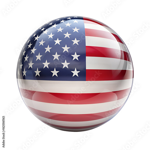 A glossy sphere with the usa flag pattern, symbolizing america and its patriotic values, isolated on transparent background