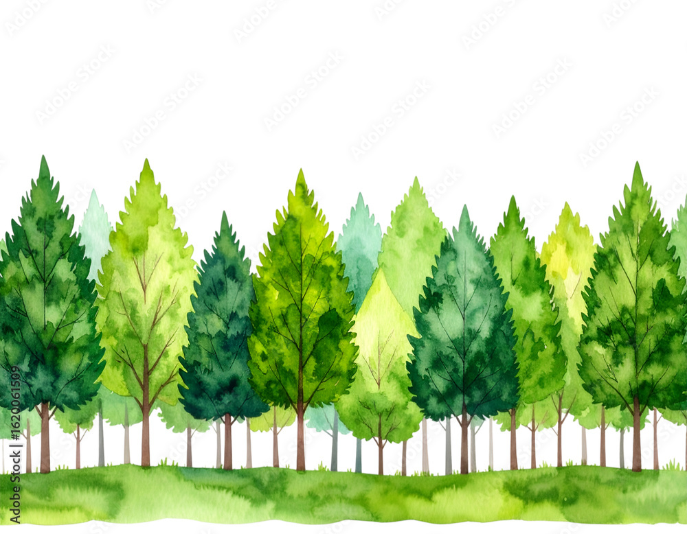 Fototapeta premium Watercolor Vibrant Watercolor Forest: A lush, watercolor painting of a vibrant forest, showcasing an array of trees in various shades of green, set against a clean background.