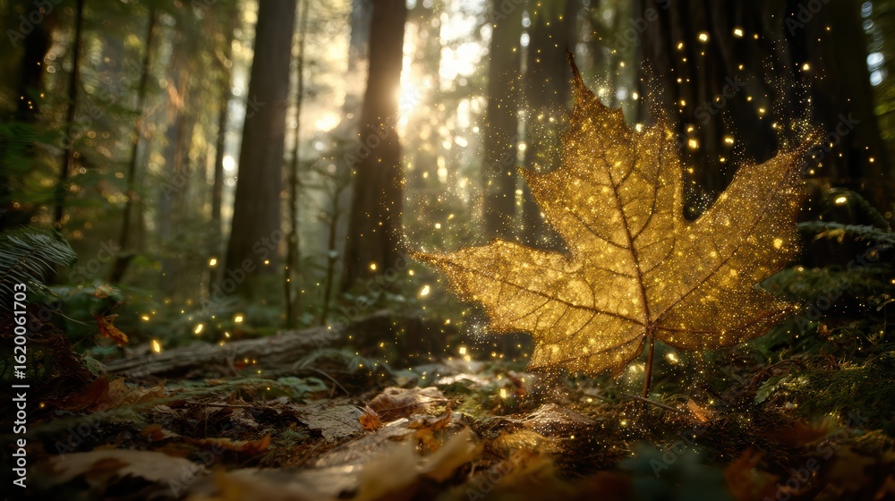 Obraz premium A golden maple leaf sparkles with magical light in a serene forest as sunlight filters through tall trees