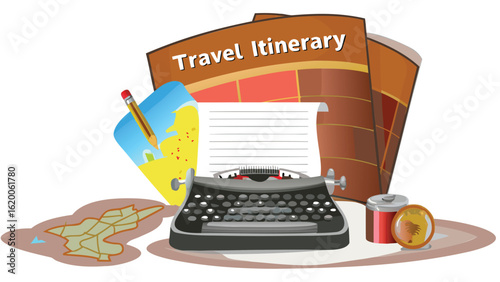 Illustration of a typewriter with travel itinerary and map for vacation planning and preparation