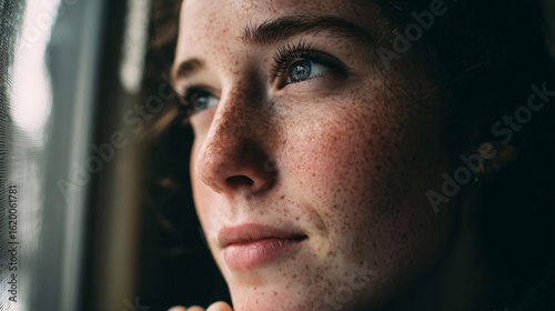 Contemplative Portrait: A close-up captures a serene woman by the window, soft light enhancing her delicate features and freckled complexion, creating a moment of quiet introspection.