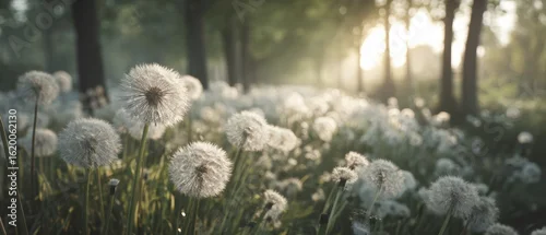 Panel kuchenny z motywem A field of dandelions in full seed with soft morning sunlight streaming through a forest in the background
