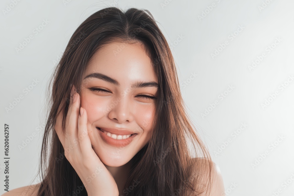 A young woman with long hair smiles brightly, touching her face gently, radiating happiness and natural beauty against a plain background A young woman with long hair smiles brightly, touching her face gently, radiating happiness and natural beauty against a plain background
