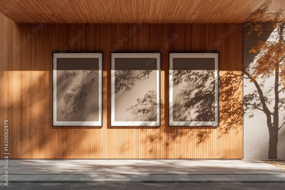 Fototapeta premium Wood exterior with three framed displays. Sunlight casts shadows