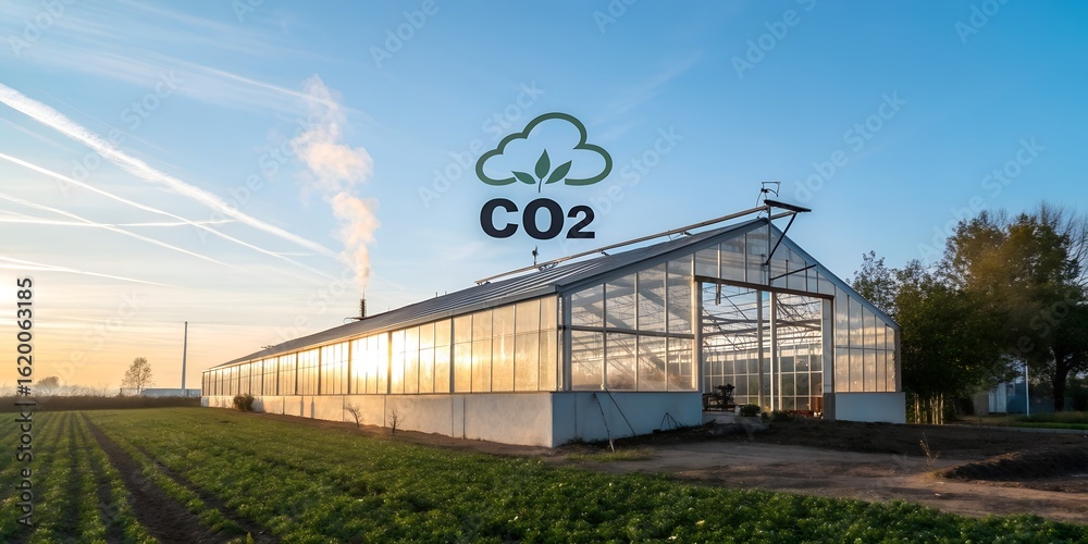 Obraz premium Greenhouse and co2 emissions conceptual image, representing environmental concerns, climate change and industrial impact on nature in a sunny setting.