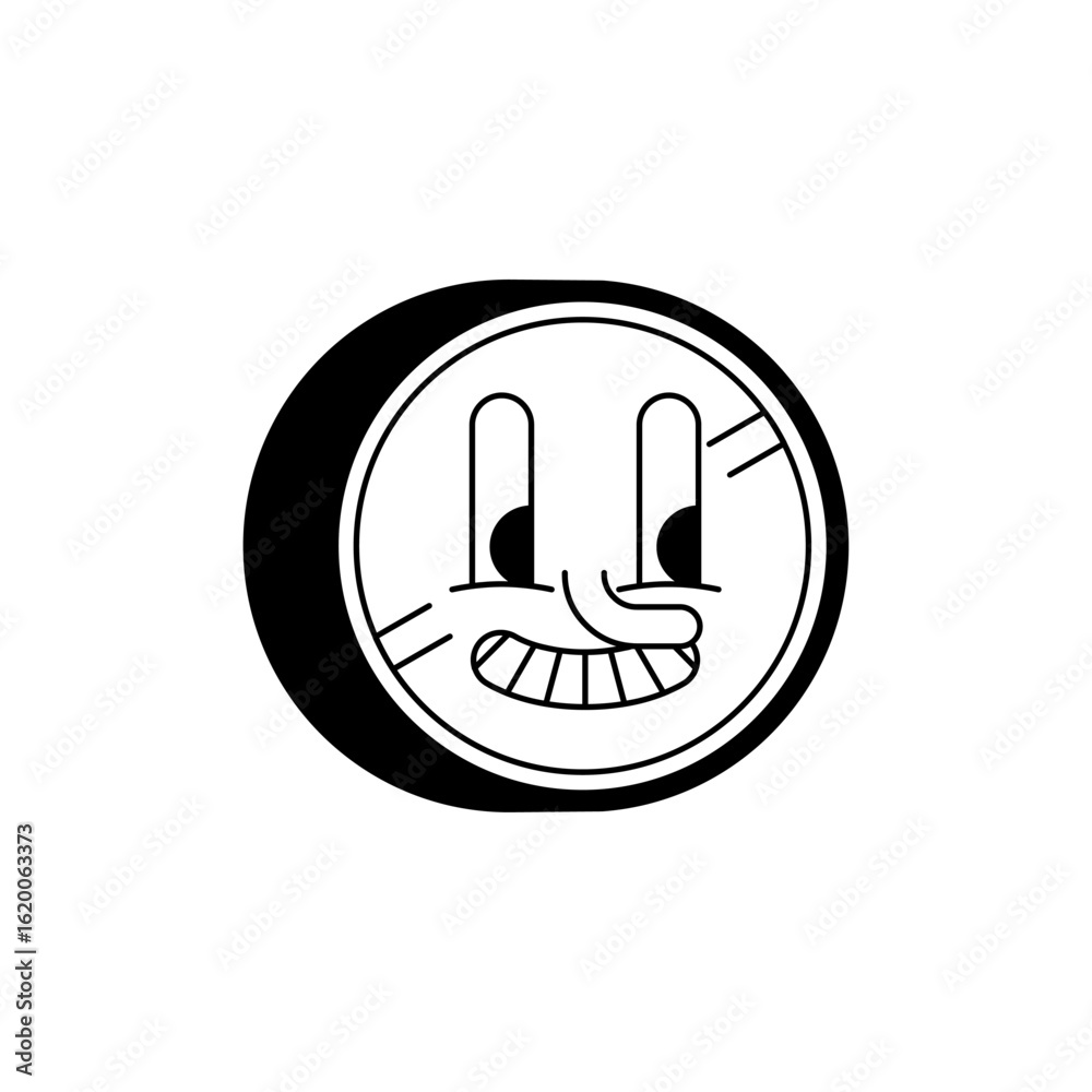 Obraz premium Funny cartoon-style coin face with expressive eyes and smile. Great for finance, cryptocurrency, banking, gamification, or children’s educational content. Black and white comic coin face icon.