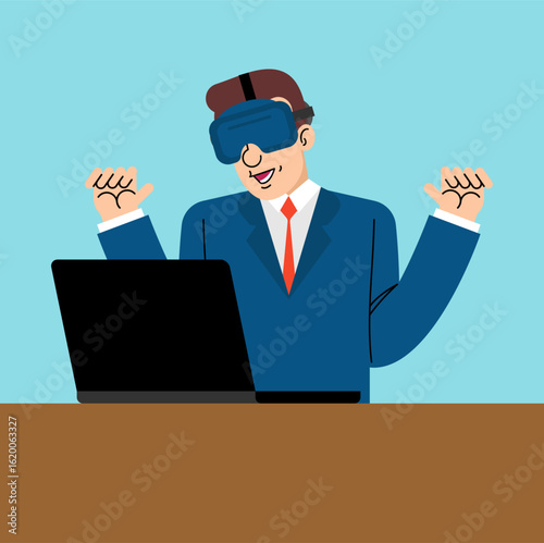 Man in VR headset working at a laptop. Concept of future work, immersive experience, remote job, and tech innovation. Perfect for metaverse and digital workplace themes.