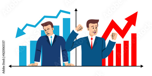 Two businessmen stand before a fluctuating financial chart — one celebrating success, the other frustrated by loss. Represents business ups and downs.