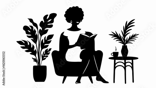 Silhouette of a woman reading in a chair with plants and a table with a drink nearby in black and white