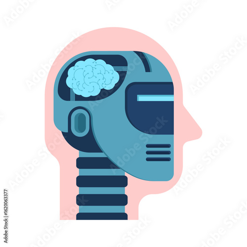 Artificial intelligence robot head with visible brain. Futuristic technology concept, ideal for AI, innovation, and science themes.