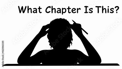 Silhouette of a person sitting at a desk with arms raised and holding a pen in their hand writing