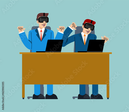 office workers in virtual reality headsets collaborating at a desk. Concept of digital innovation, remote teamwork, and future technology in corporate settings.