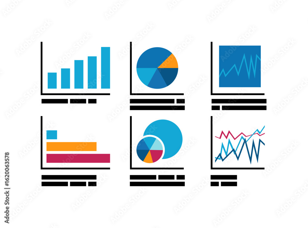 Obraz premium Modern flat-style dashboard with business charts and analytics. Ideal for presentations, reports, digital strategy, and marketing visuals. Clean design for tech use.
