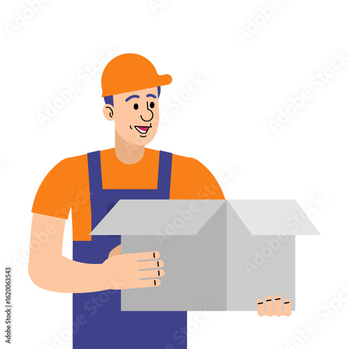 Delivery man in uniform holding a box. Ideal for shipping, logistics, courier, or warehouse-related topics.