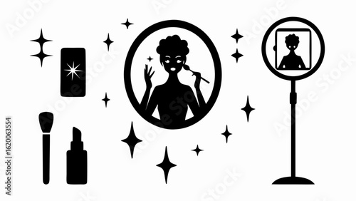 Silhouette of a woman applying makeup with a brush and ring light surrounded by stars and cosmetics