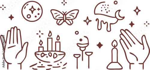 Mystical symbols and elements including hands, moon, and candles magic occult