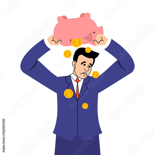 Sad businessman holding a piggy bank over his head, symbolizing financial pressure, low income, or business failure. Flat illustration for crisis, economy, or finance-related topics.