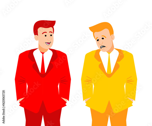 two businessmen – one smiling, one sad. Symbol of success and failure, financial luck, business risk, and economic contrast. Ideal for startup, finance, and motivation themes.