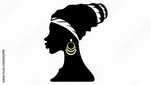 Silhouette of a woman with a turban and earrings in a profile view on a white background design art
