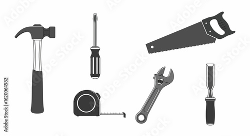 A collection of essential grayscale hand tools for construction, including a hammer, saw, screwdriver, wrench, chisel, and tape measure.