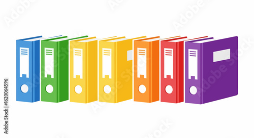 A row of colorful office ring binders, organized by the colors of the rainbow, isolated on a white background.