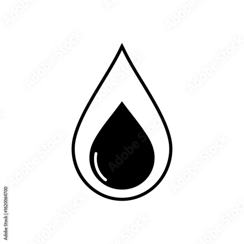 A minimalist black and white image depicting a stylized teardrop, representing purity
