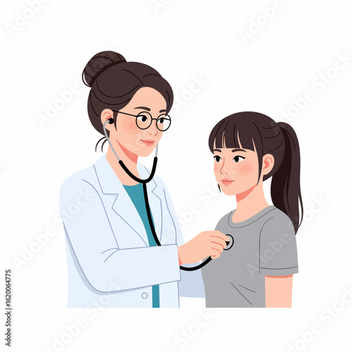 Female doctor using stethoscope to examine a young girl's chest during a medical checkup.
