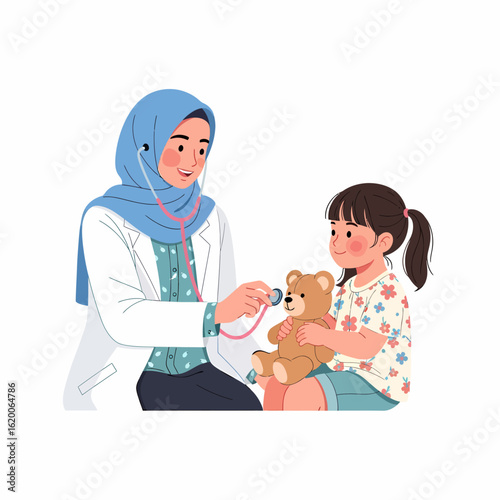 A friendly Muslim female doctor in a hijab examines a girl's teddy bear with a stethoscope.