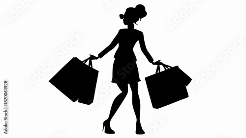 Silhouette of woman in suit and heels carrying shopping bags after a successful shopping trip