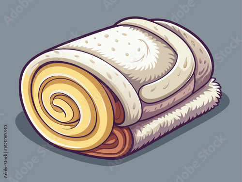 Soft fluffy towel rolled neatly on neutral gray background, ideal for spa, bath or hotel presentation
