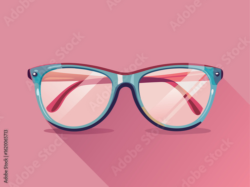 Classic reading glasses with transparent frame on soft pastel pink background, simple lifestyle item for design use