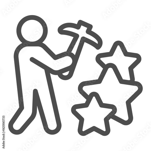 Worker man with pickaxe and stars line icon, crypto metaverse concept. Vector graphics. Crypto miner and game points sign on white background, outline style icon for mobile or web design.