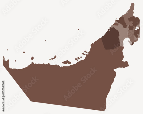 Map of United Arab Emirates with regions. Just a simple country border map with region division. Brown color palette. Plain United Arab Emirates shape with administrative division.