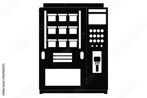 Simplified Black and White Vending Machine Illustration Featuring Buttons and Product Slots Design