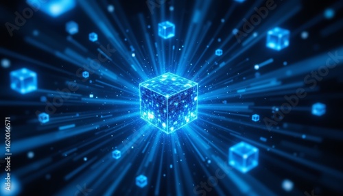 Glowing blue cube with light effect, abstract digital render of a futuristic neon shape