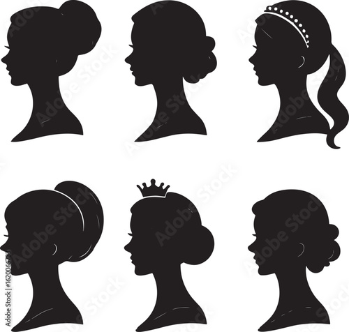 Six distinct black silhouette profiles female woman