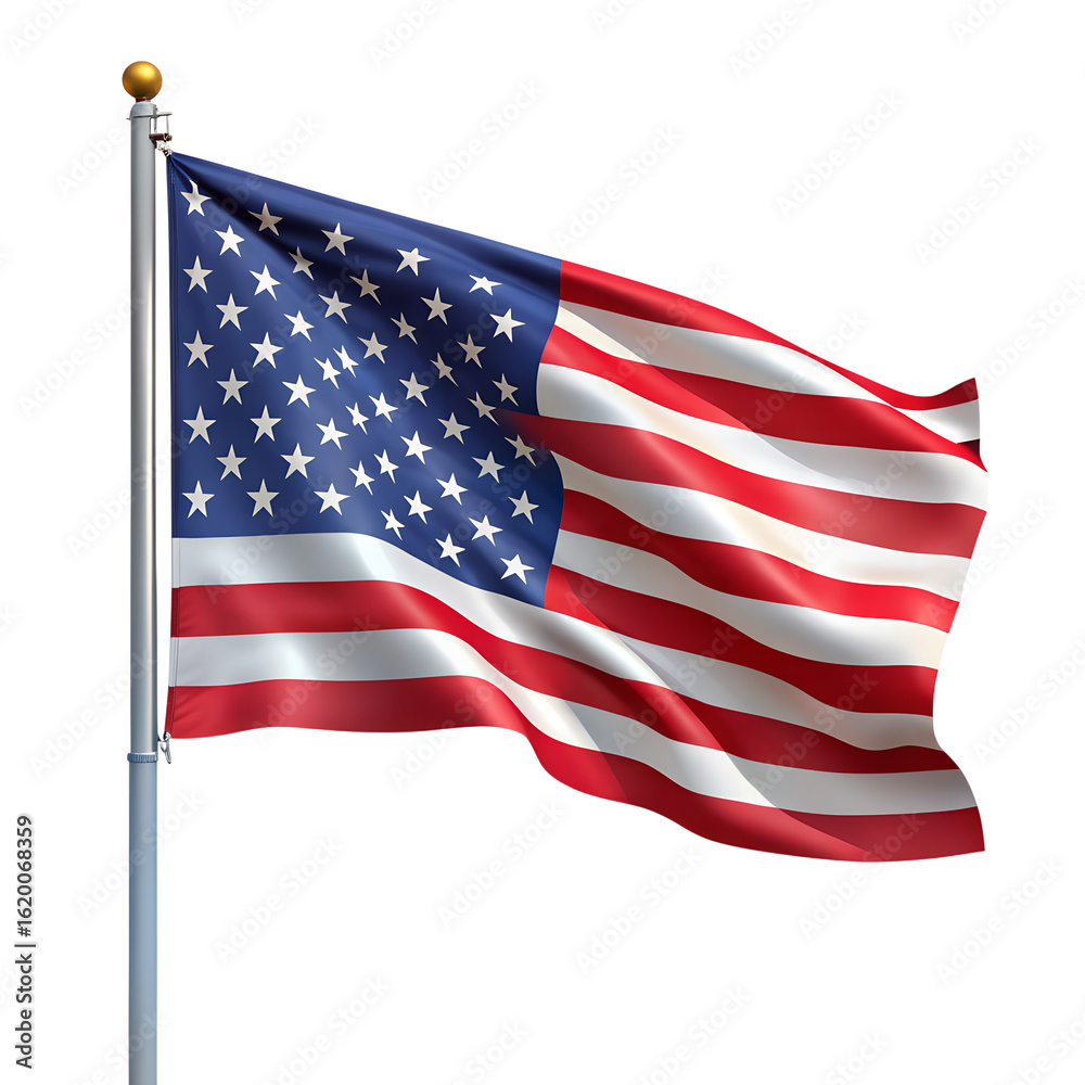 Obraz premium The american flag waving on a flagpole, isolated on transparent background