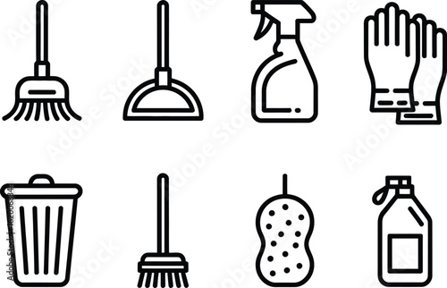 Collection of cleaning tools and supplies icons for housekeeping and sanitation