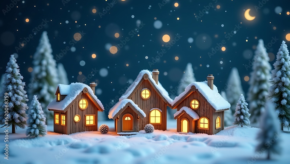 Fototapeta premium Toy village with snow-covered cottages, warm lit windows, and background bokeh resembling a cozy winter night celebration. 