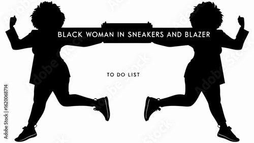 Silhouette of two black women in blazers and sneakers running with a to do list message