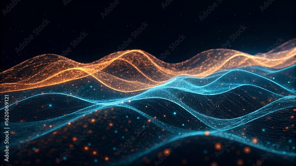 Obraz premium Abstract wavy lines background with glowing particles in orange and blue colors,representing data flow and futuristic technology