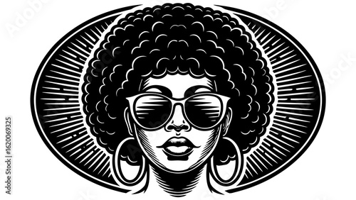 A stylized monochrome portrait of a woman with an afro wearing sunglasses and large hoop earrings art