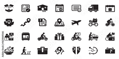 Delivery, . Vector glyph pictograms of package, truck, warehouse, drone, supply chain, shopping bag, shipping, courier, e-commerce concept black silhouette illustration