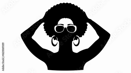 Silhouette of a woman with afro hairstyle wearing sunglasses and earrings holding her hair up high